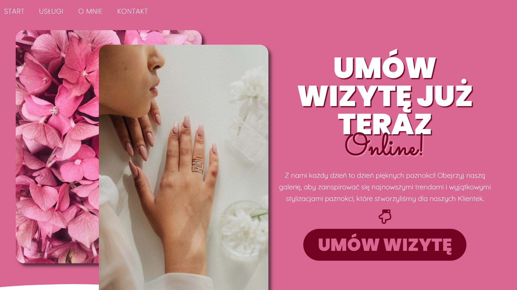 Kobieta z beżowymi paznokciami, pierścionkiem geometrycznym i kwiatami hortensji na stronie internetowej salonu kosmetycznego z napisem 'Umów wizytę już teraz Online!'