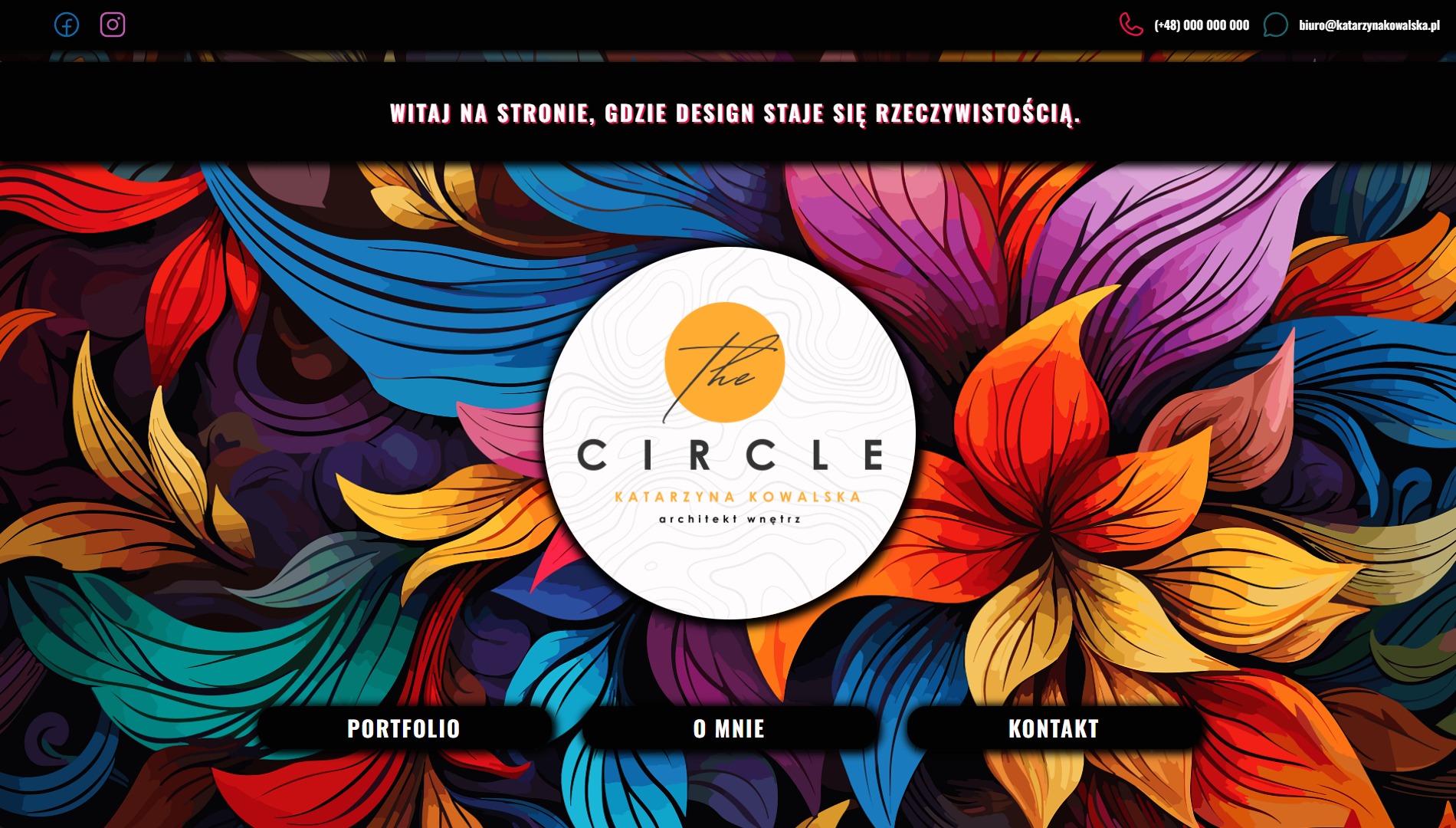 Grafika strony internetowej z kolorowymi motywami kwiatowymi i logo 'The Circle' Katarzyny Kowalskiej, architekt wnętrz, z menu nawigacyjnym: Portfolio, O mnie, Kontakt.
