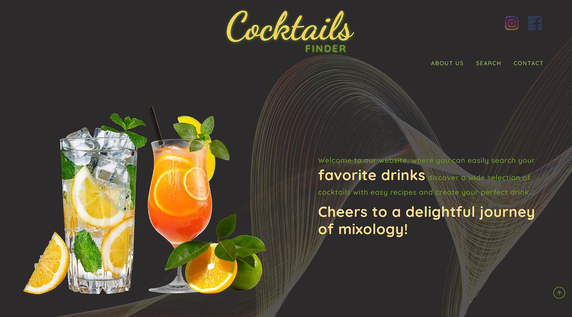 Strona internetowa z grafiką dwóch koktajli: bezbarwnego z lodem, cytryną i miętą oraz pomarańczowego z plastrami pomarańczy i limonki, na ciemnym tle z abstrakcyjnymi liniami i tekstem 'Cocktails...