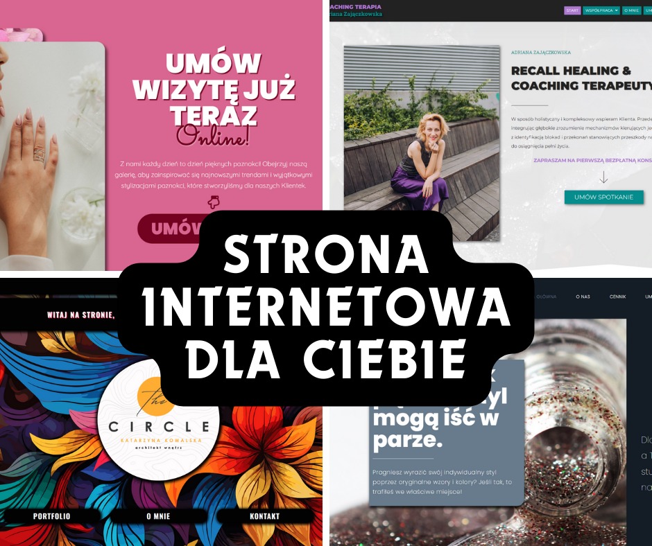 Kompozycja z fragmentów stron internetowych różnych firm, prezentująca różnorodność stylów i branż, od manicure po coaching i architekturę wnętrz.