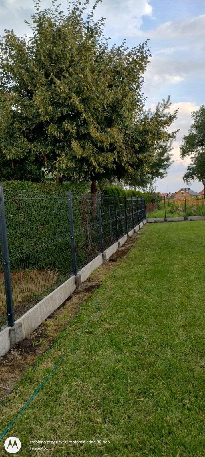 Długa linia nowoczesnego ogrodzenia panelowego z podmurówką betonową, biegnąca wzdłuż trawnika i drzew w tle.