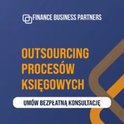 Grafika reklamowa: logo Finance Business Partners, hasło 'Outsourcing procesów księgowych' oraz zaproszenie do umówienia bezpłatnej konsultacji, na granatowym tle z elementami graficznymi w kolorze...