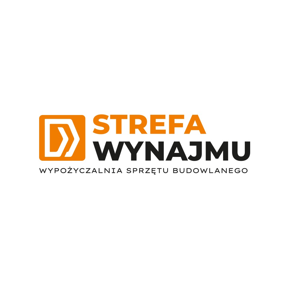 Logo firmy Strefa Wynajmu, wypożyczalnia sprzętu budowlanego, pomarańczowo-czarne kolory, minimalistyczny design.