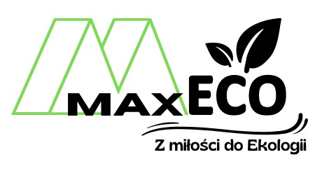 Logo firmy MaxEco z zielonym geometrycznym symbolem przypominającym literę M, czarnym napisem MAXECO z liśćmi oraz hasłem 'Z miłości do Ekologii' poniżej.