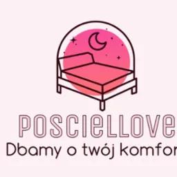 Minimalistyczne logo marki pościeli, przedstawiające łóżko pod księżycem i gwiazdami, z napisem 'POSCIElLOVE Dbamy o twój komfort' w odcieniach różu.