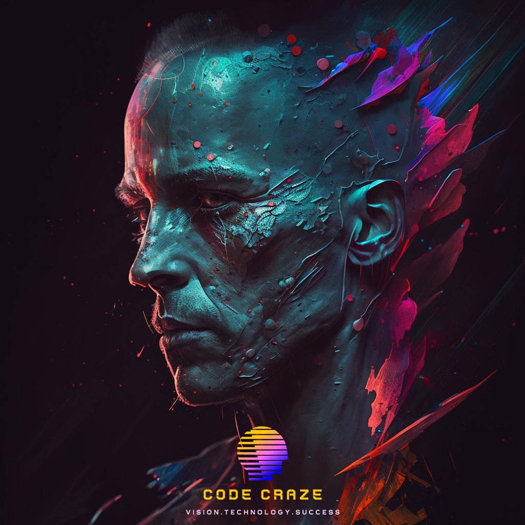 Cyfrowy portret profilowy mężczyzny z abstrakcyjnymi elementami graficznymi i logo 'CODE CRAZE' w dolnej części.