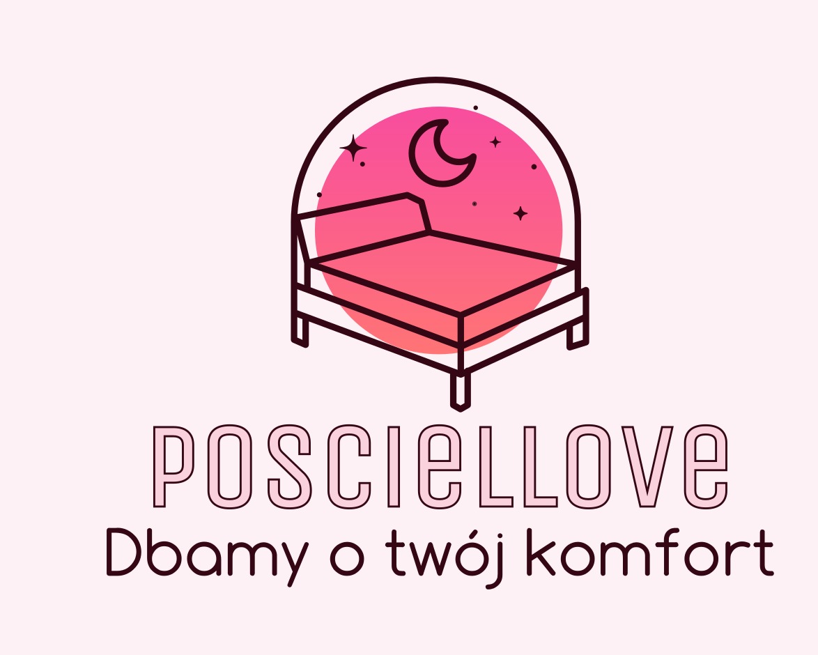 Minimalistyczne logo marki pościeli, przedstawiające łóżko pod księżycem i gwiazdami, z napisem 'POSCIElLOVE Dbamy o twój komfort' w odcieniach różu.