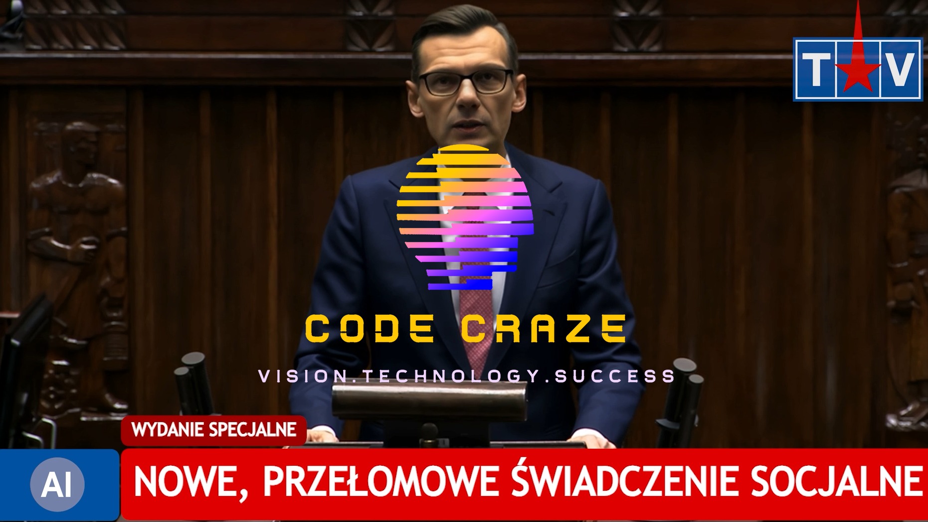 Mężczyzna w garniturze przemawia z mównicy, nałożony graficzny logotyp 'CODE CRAZE' z hasłem 'VISION.TECHNOLOGY.SUCCESS' oraz belka informacyjna 'NOWE, PRZEŁOMOWE ŚWIADCZENIE SOCJALNE'.