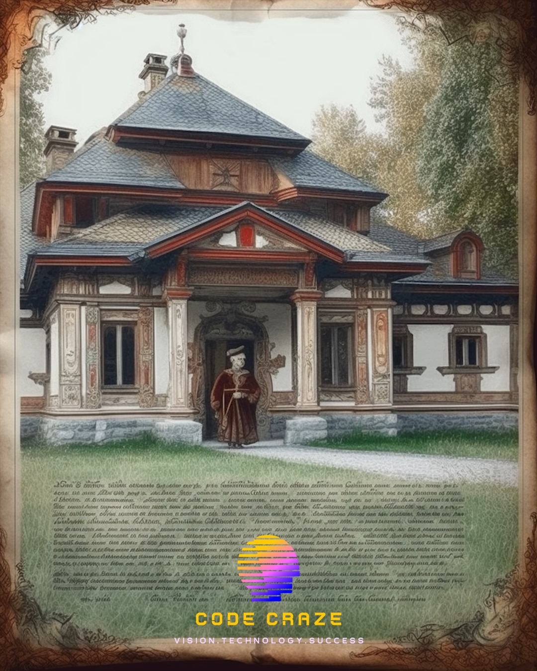 Ilustracja stylizowanego dworku z epoki, z postacią w stroju historycznym, umieszczona na tle przypominającym starą księgę z tekstem i logo 'Code Craze'.