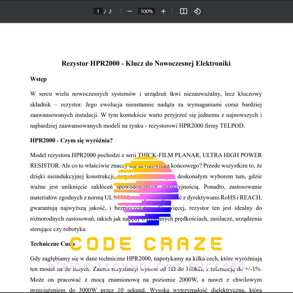 Tekst artykułu o rezystorze HPR2000 firmy TELPOD, opisującym jego cechy i zastosowania w nowoczesnych systemach elektronicznych, z nagłówkami i fragmentami tekstu wyróżnionymi kolorami.