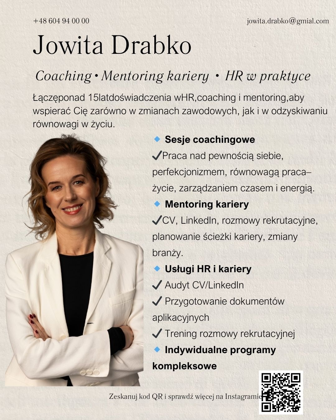 Jowita Drabko oferuje coaching kariery i usługi HR. Zdjęcie przedstawia uśmiechniętą kobietę w białym żakiecie, obok wypisane usługi: mentoring, audyt CV, trening rozmów.