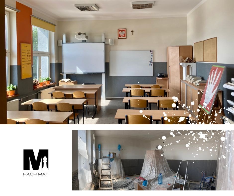 Klasa szkolna w trakcie malowania: dolna część ściany pomalowana na szaro, górna na biało, zabezpieczone meble i podłoga folią, drabina oparta o ścianę, widoczne narzędzia malarskie.