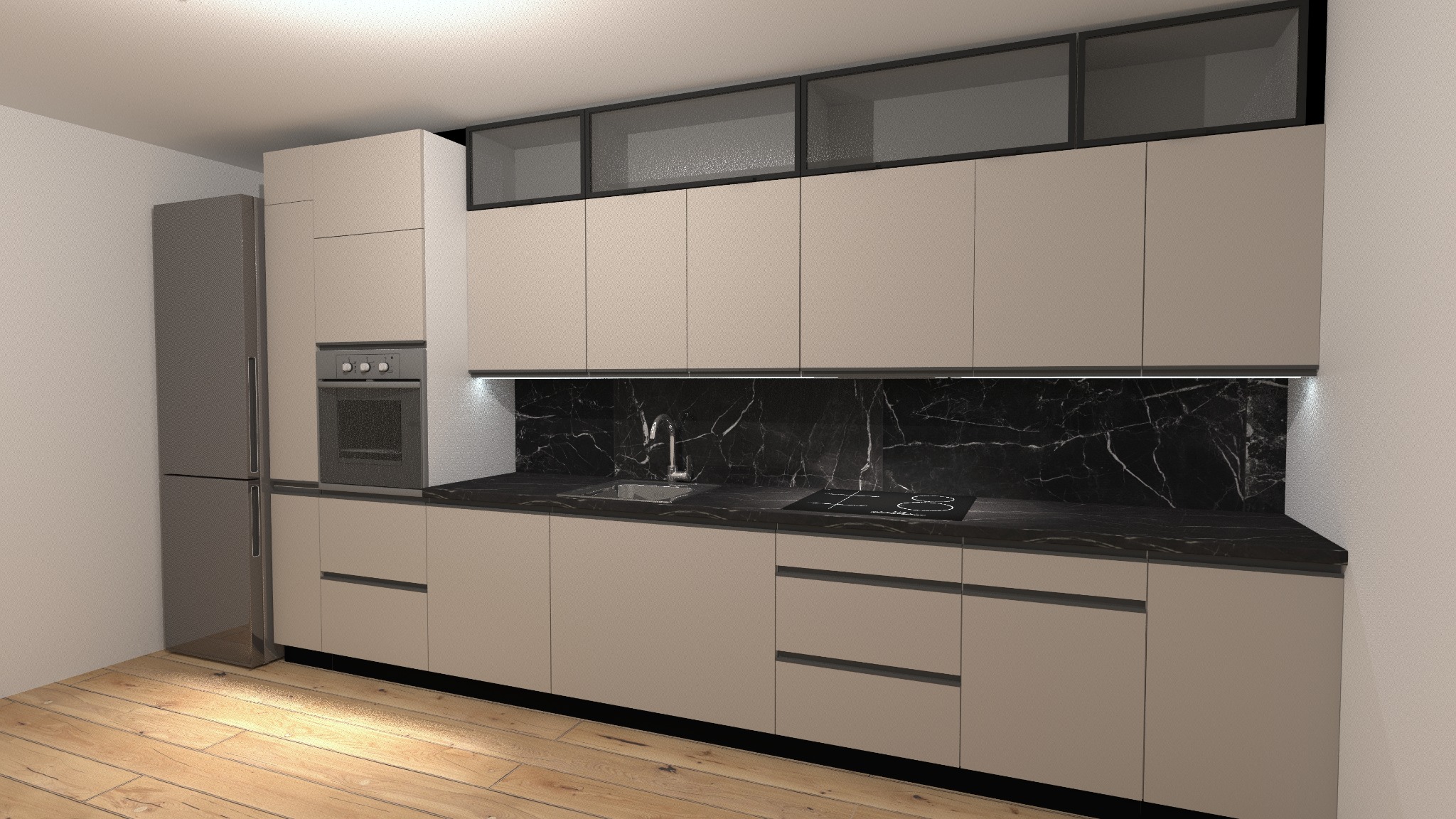 Wizualizacja nowoczesnej kuchni z beżowymi szafkami, czarnym blatem i marmurowym backsplash'em podświetlonym ledami. Górne szafki z frontami z przezroczystego szkła, drewniana podłoga.