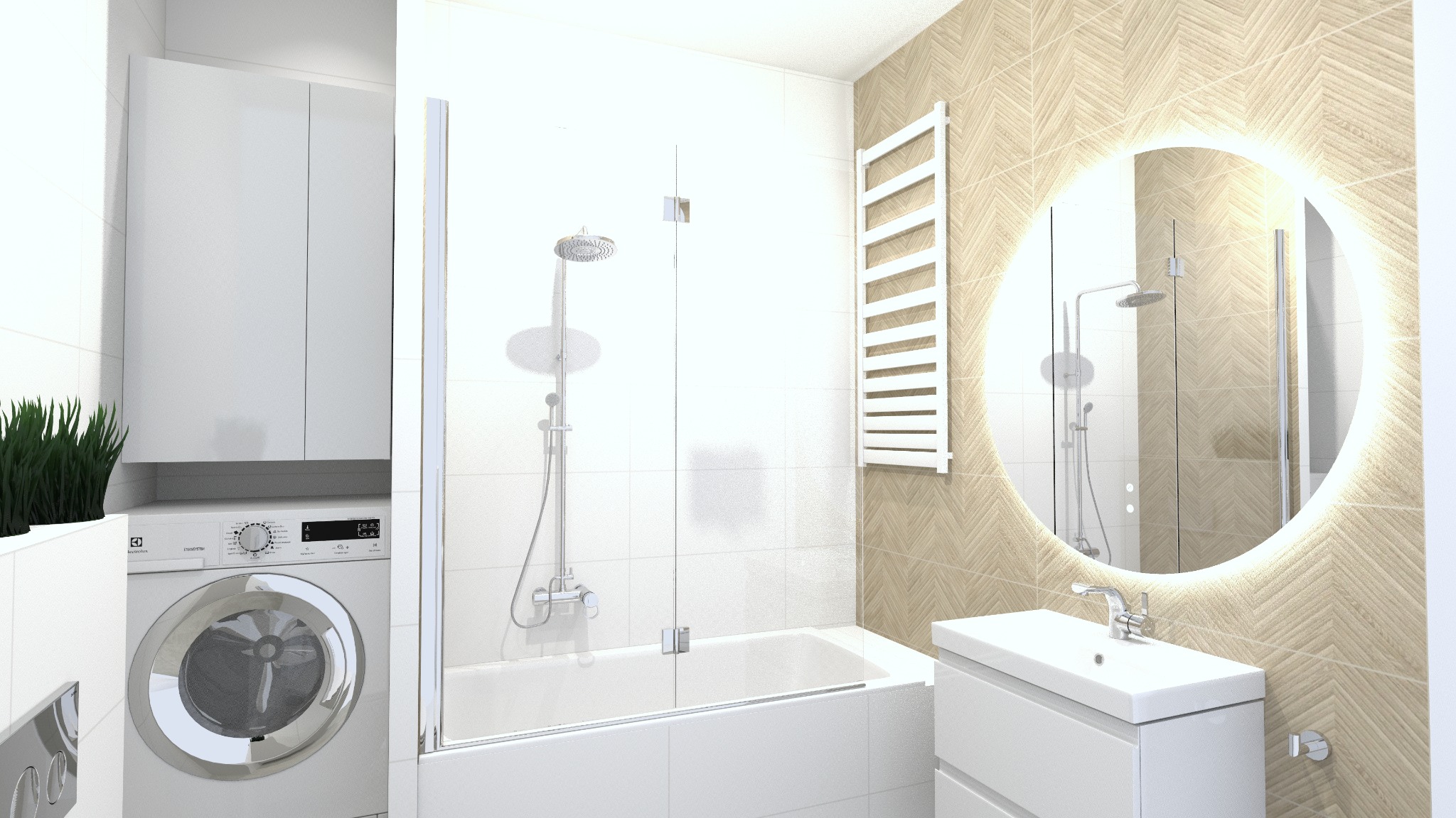 Wizualizacja łazienki z wanną za szklanym parawanem, okrągłym lustrem z podświetleniem LED, grzejnikiem drabinkowym, pralką Electrolux i szafkami wiszącymi.