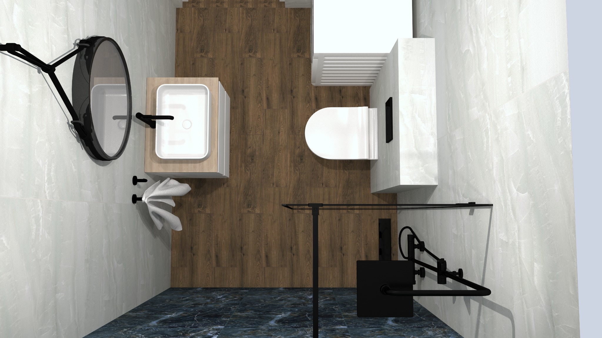 Wizualizacja łazienki z góry: biała umywalka nablatowa, okrągłe lustro na czarnym stelażu, toaleta w zabudowie i czarny grzejnik drabinkowy na tle marmurowych ścian i drewnopodobnej podłogi.