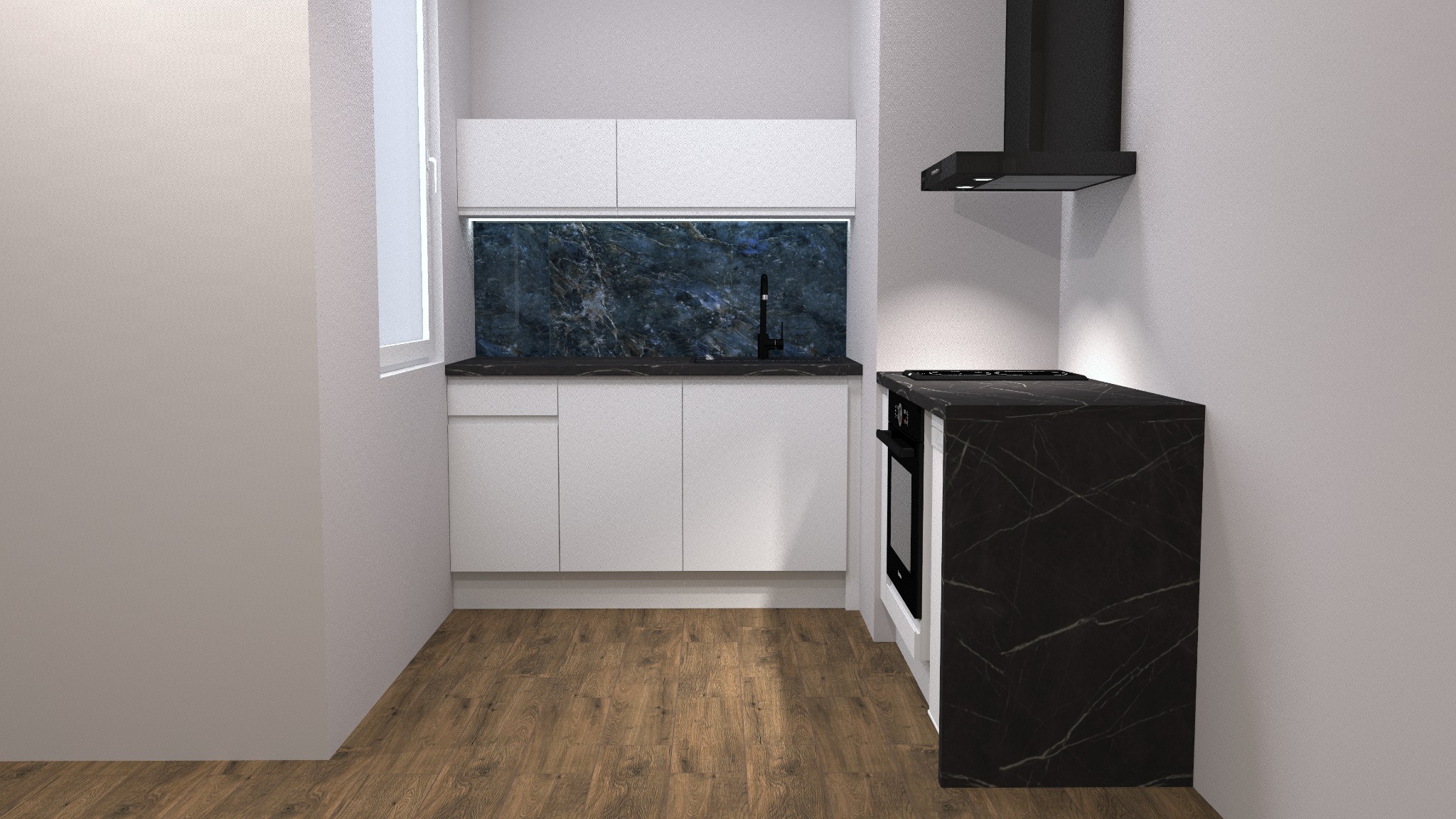 Wizualizacja małej kuchni z białymi szafkami i czarnym blatem z marmurowym wzorem, czarny okap, drewniana podłoga.