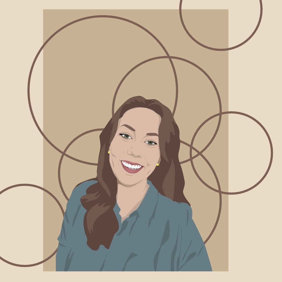 Ilustracja portretowa uśmiechniętej kobiety o brązowych włosach i zielonych oczach, na beżowym tle z okręgami.