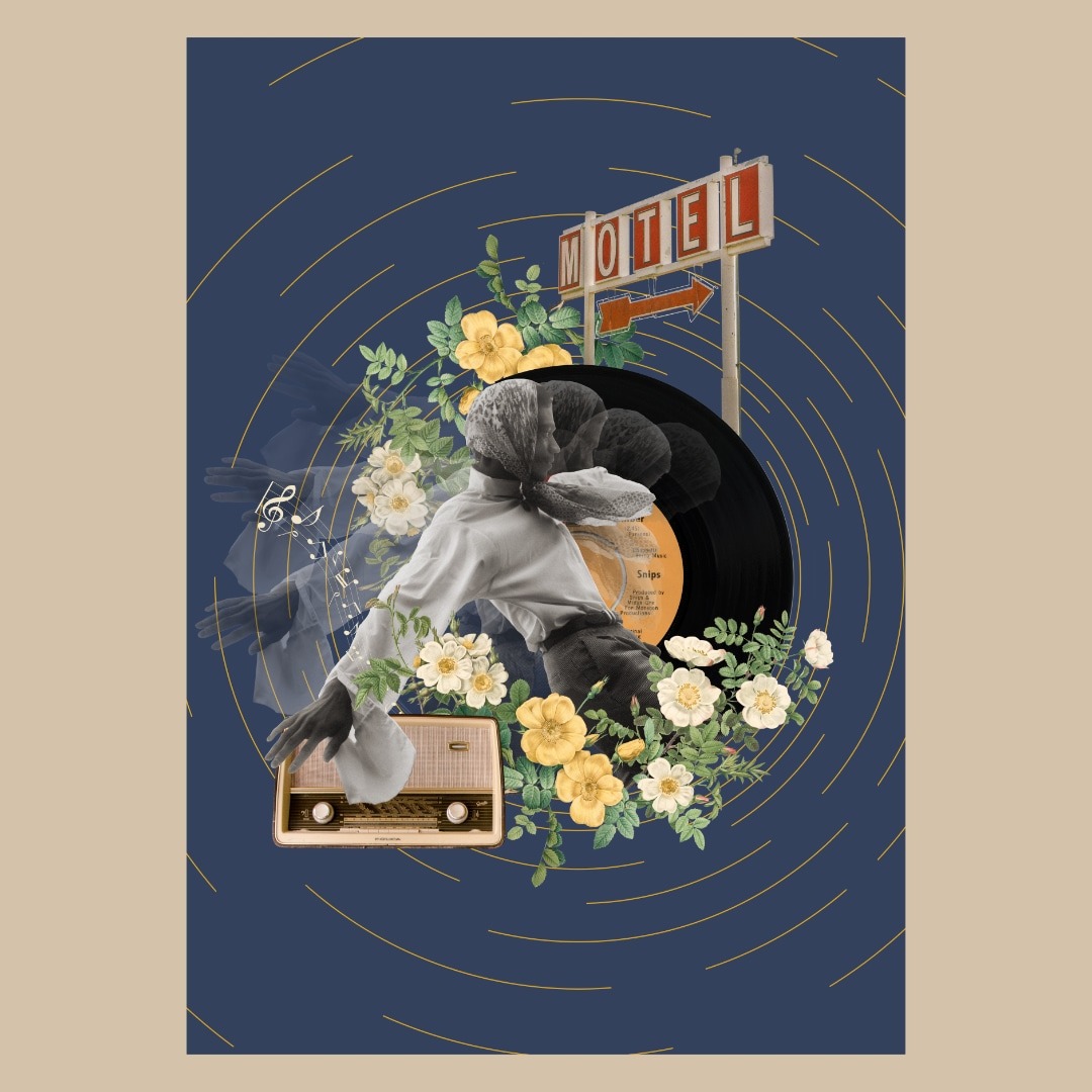 Kompozycja graficzna z sylwetką kobiety, winylową płytą, radiem retro, kwiatami, znakiem motelowym i nutami muzycznymi na granatowym tle z wirującymi liniami.