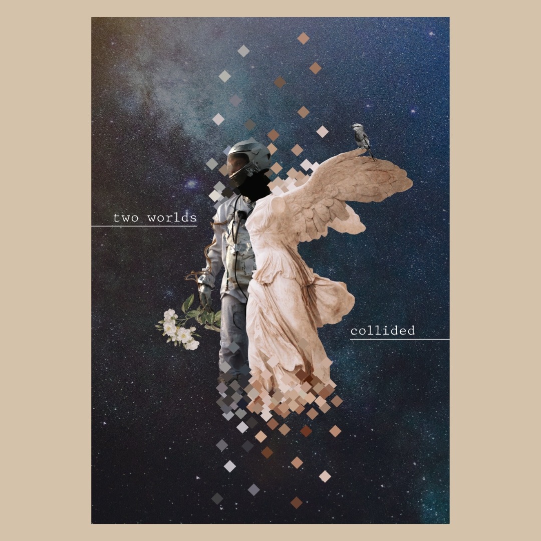 Grafika przedstawiająca astronautę trzymającego kwiaty obok posągu Nike na tle kosmosu z napisem 'two worlds collided', z efektem pikselizacji u dołu.