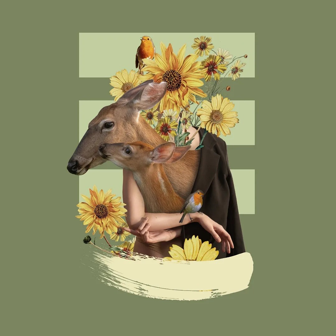 Awangardowa grafika: głowy sarny i sarenki otoczone słonecznikami i ptakami, nałożone na sylwetkę w marynarce, z abstrakcyjnym tłem w odcieniach zieleni.