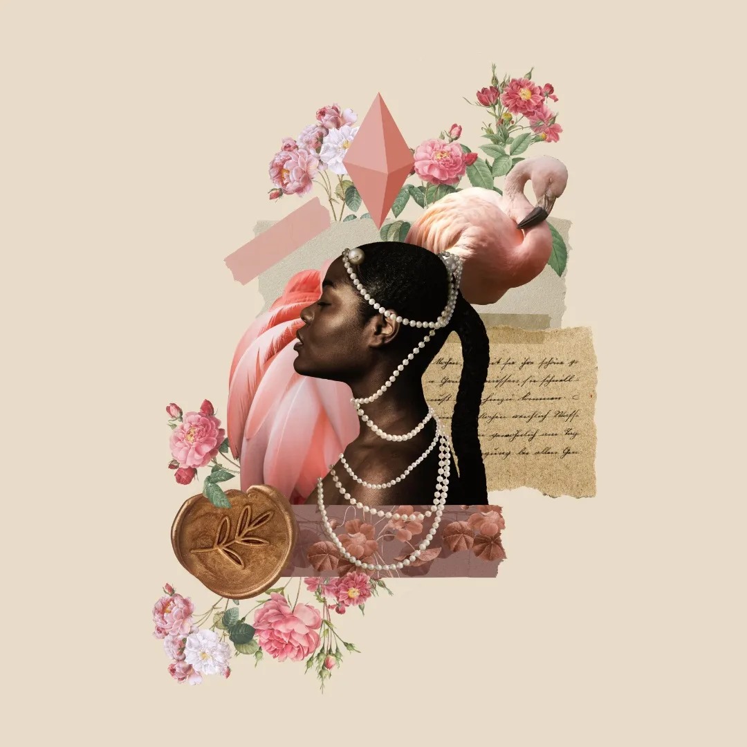 Kolaż artystyczny: profil kobiety z perłami, flaming, róże, fragment tekstu, geometryczny kryształ i złota pieczęć z liściem na beżowym tle.