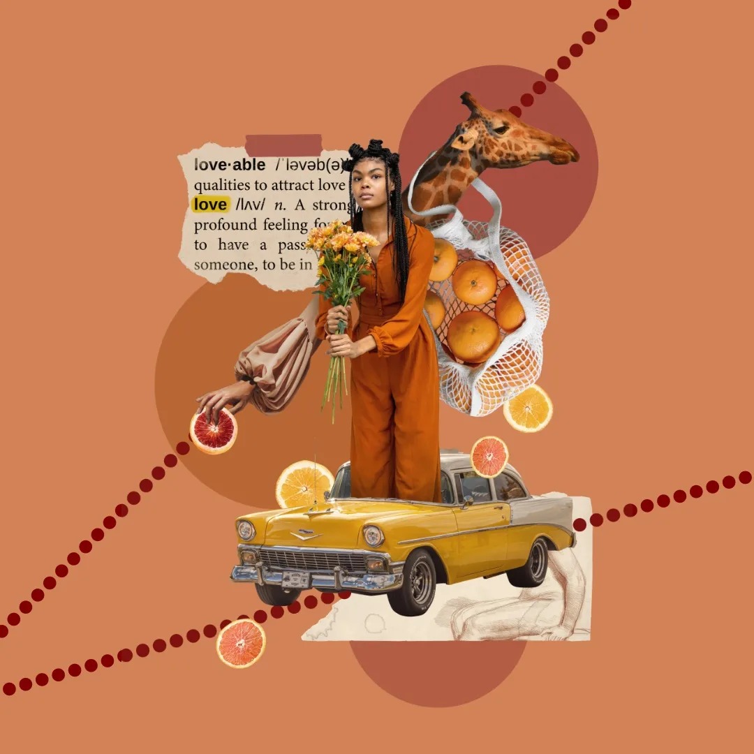Abstrakcyjna kompozycja graficzna: kobieta w pomarańczowym kombinezonie stojąca w żółtym samochodzie, otoczona cytrusami, żyrafą w siatce i fragmentem słownika z definicją słowa 'love',...