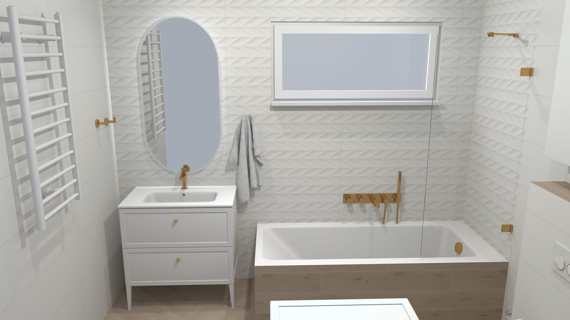 Wizualizacja łazienki z białą armaturą, owalnym lustrem, grzejnikiem drabinkowym i płytkami 3D na ścianach.