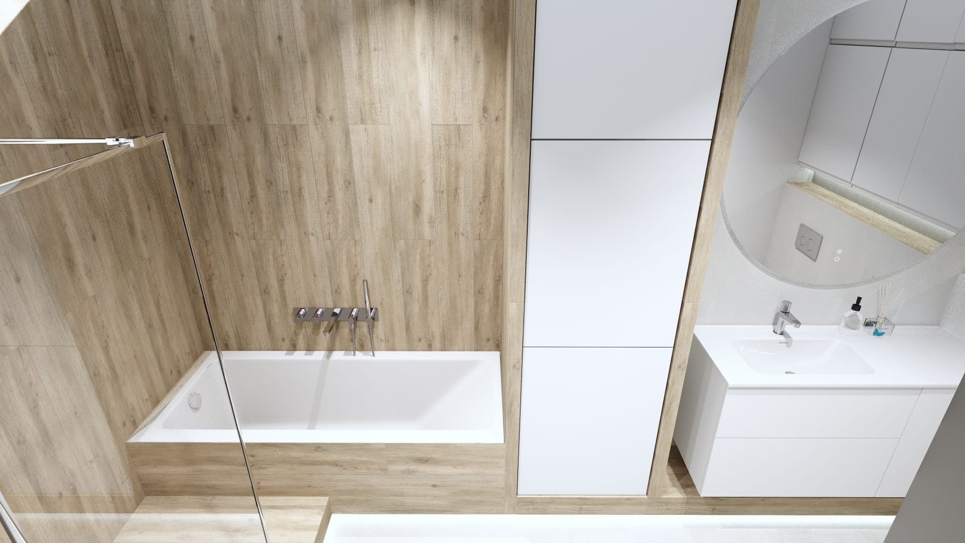 Nowoczesna łazienka z wanną obudowaną płytkami imitującymi drewno, białą szafką i umywalką oraz okrągłym lustrem z podświetleniem.