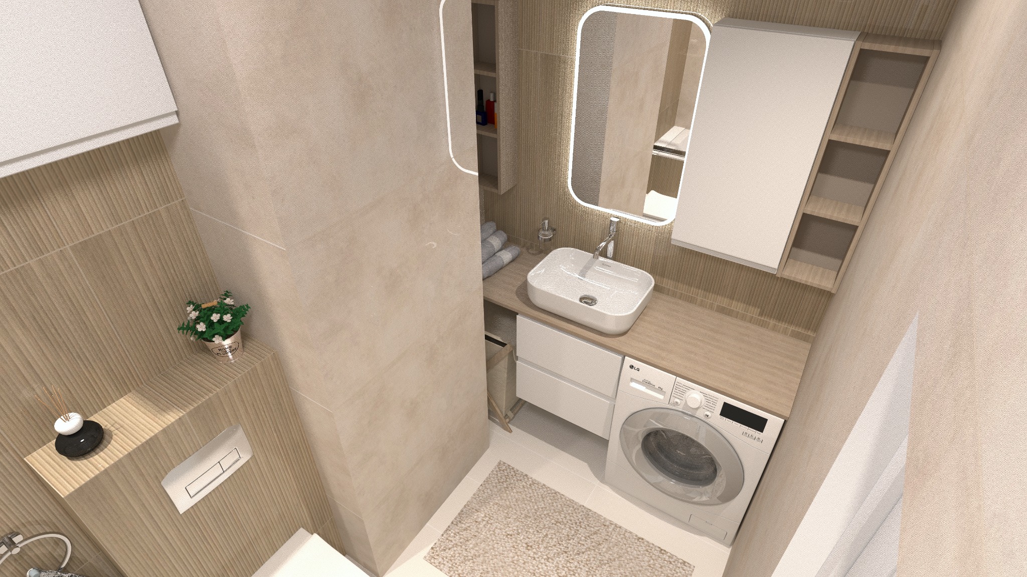 Wizualizacja beżowej łazienki z pralką, umywalką nablatową, podświetlanym lustrem, wiszącymi szafkami i dekoracjami.