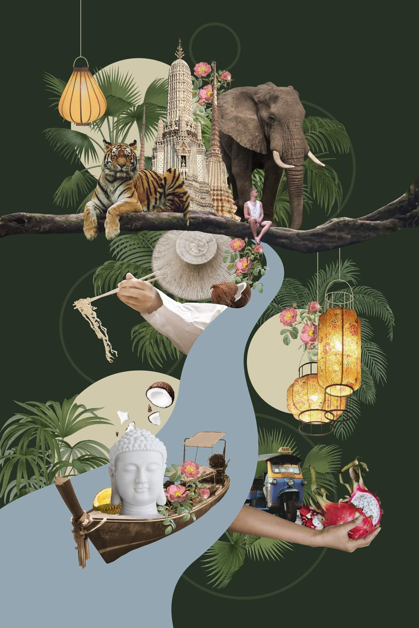 Kompozycja graficzna z motywami tajskimi: tygrys, słoń, świątynia, tuk-tuk, łódź z głową Buddy, lampiony, owoce egzotyczne i jedząca osoba.