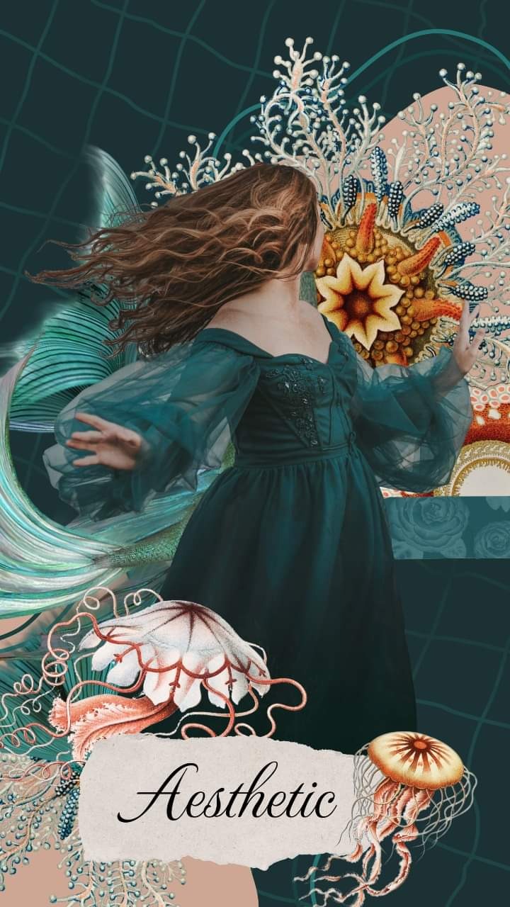 Kobieta w zielonej sukni z bufiastymi rękawami, stylizowana na syrenę z ogonem, otoczona motywami morskimi i napisem 'Aesthetic'.