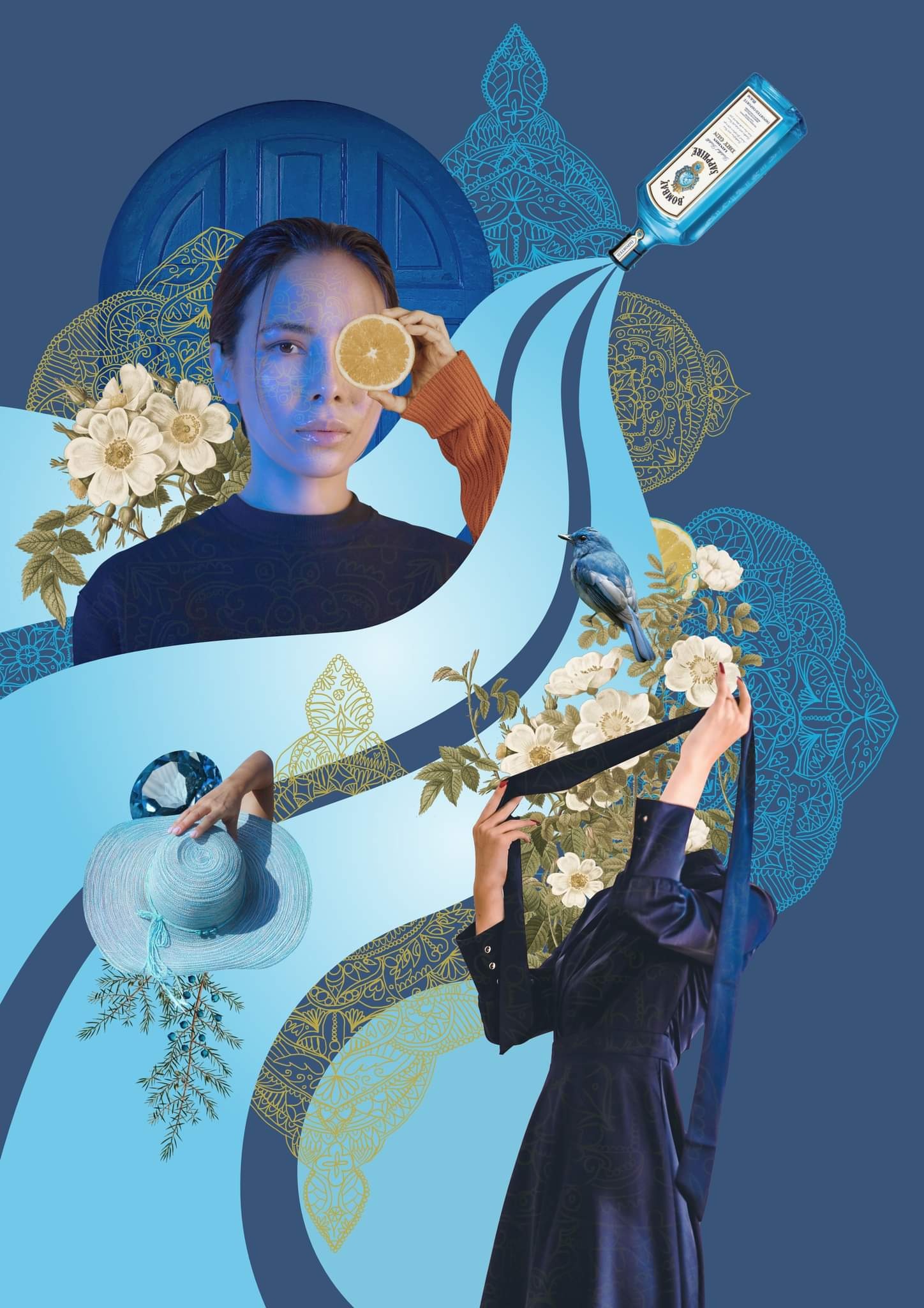 Abstrakcyjna kompozycja z elementami portretu kobiety z pomarańczą przy oku, butelki ginu Bombay Sapphire, kapelusza, kwiatów, ptaka i ornamentów na niebieskim tle.