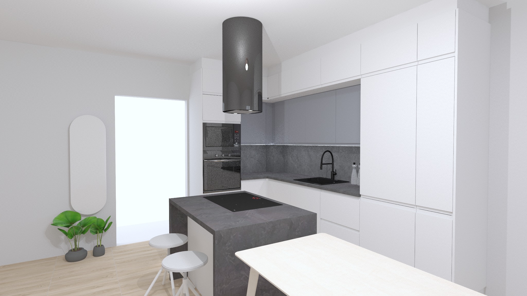 Wizualizacja nowoczesnej kuchni z wyspą, białymi szafkami, szarym blatem i okrągłym okapem nad płytą indukcyjną. Dwie białe stołki barowe przy wyspie. Na podłodze jasne panele, a obok wejścia...