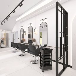 Projekt salonu fryzjerskiego zlokalizowanego w Niepołomicach. Powierzchnia projektu 35 m². Zakres: recepcja, salon usług, strefa sanitarna.