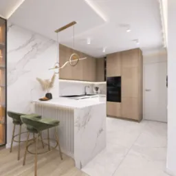 Wizualizacja kuchni w stylu modern classic z marmurową wyspą i zielonymi hokerami, oświetlona złotą lampą wiszącą i punktowymi reflektorami sufitowymi, z zabudową meblową w odcieniach drewna...