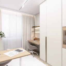 Cholewa - Interior Design Concept - Nowoczesne biuro w domu: jasne kolory, biurko z regulacją wysokości, minimalistyczne półki z oświetleniem, eleganckie zasłony i szafa w zabudowie.