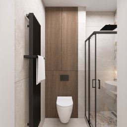 Cholewa - Interior Design Concept - Nowoczesna łazienka z kabiną prysznicową typu walk-in, wiszącą toaletą i grzejnikiem drabinkowym w kolorze czarnym. Uwagę zwraca drewniana zabudowa nad toaletą.