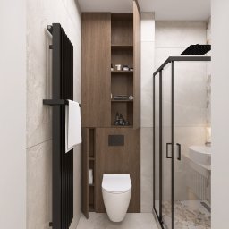 Cholewa - Interior Design Concept - Nowoczesna łazienka z kabiną prysznicową typu walk-in, grzejnikiem drabinkowym i zabudową WC z drewnianymi szafkami. Minimalistyczny design, jasne płytki.