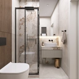 Cholewa - Interior Design Concept - Elegancka łazienka z kabiną prysznicową typu walk-in, umywalką nablatową i złotymi akcentami. Marmurowe płytki i minimalistyczny design tworzą luksusową przestrzeń.
