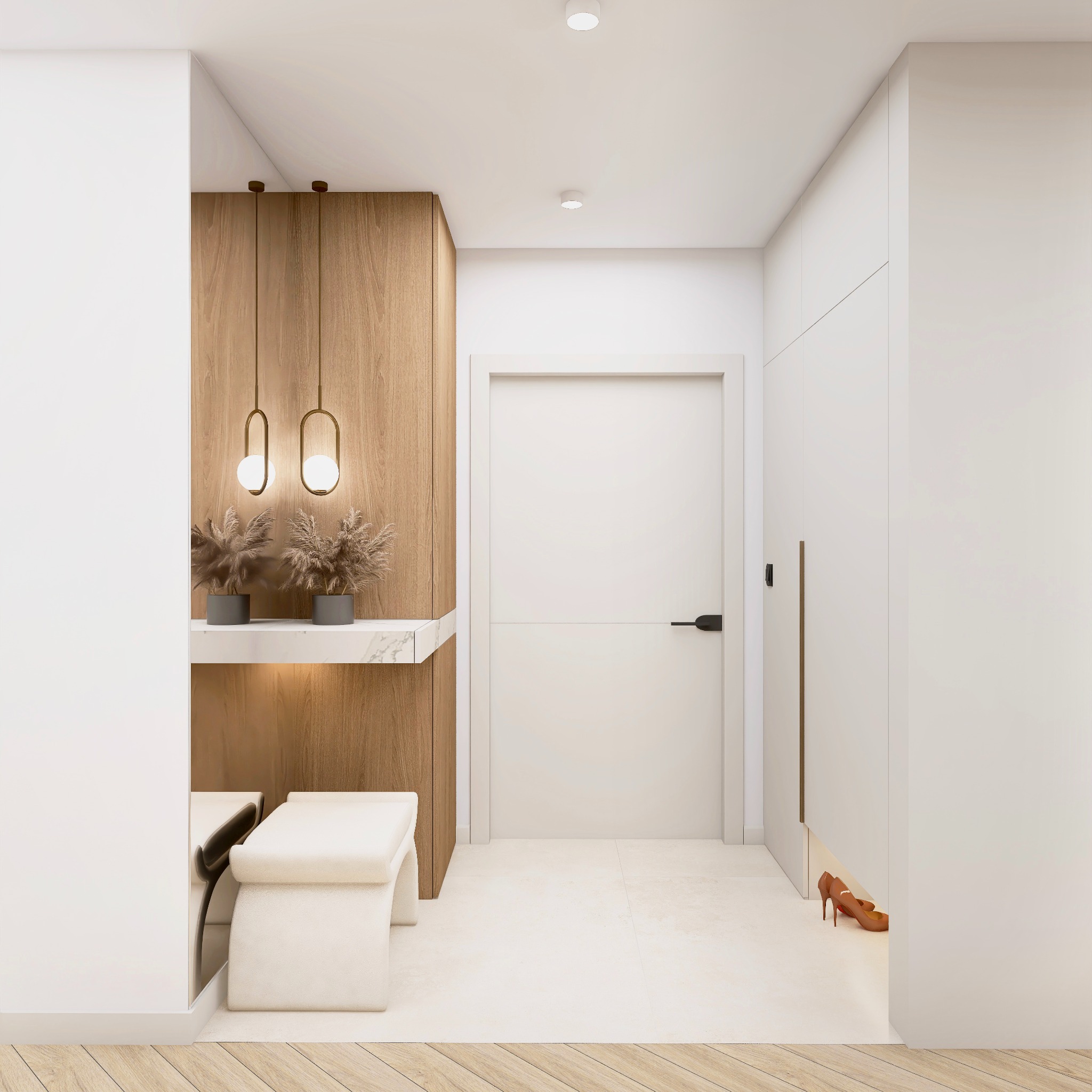 Nowoczesny przedpokój z drewnianą ścianą, minimalistycznymi lampami, pufą i szafą w zabudowie. Uwagę przyciągają brązowe szpilki pod szafą.