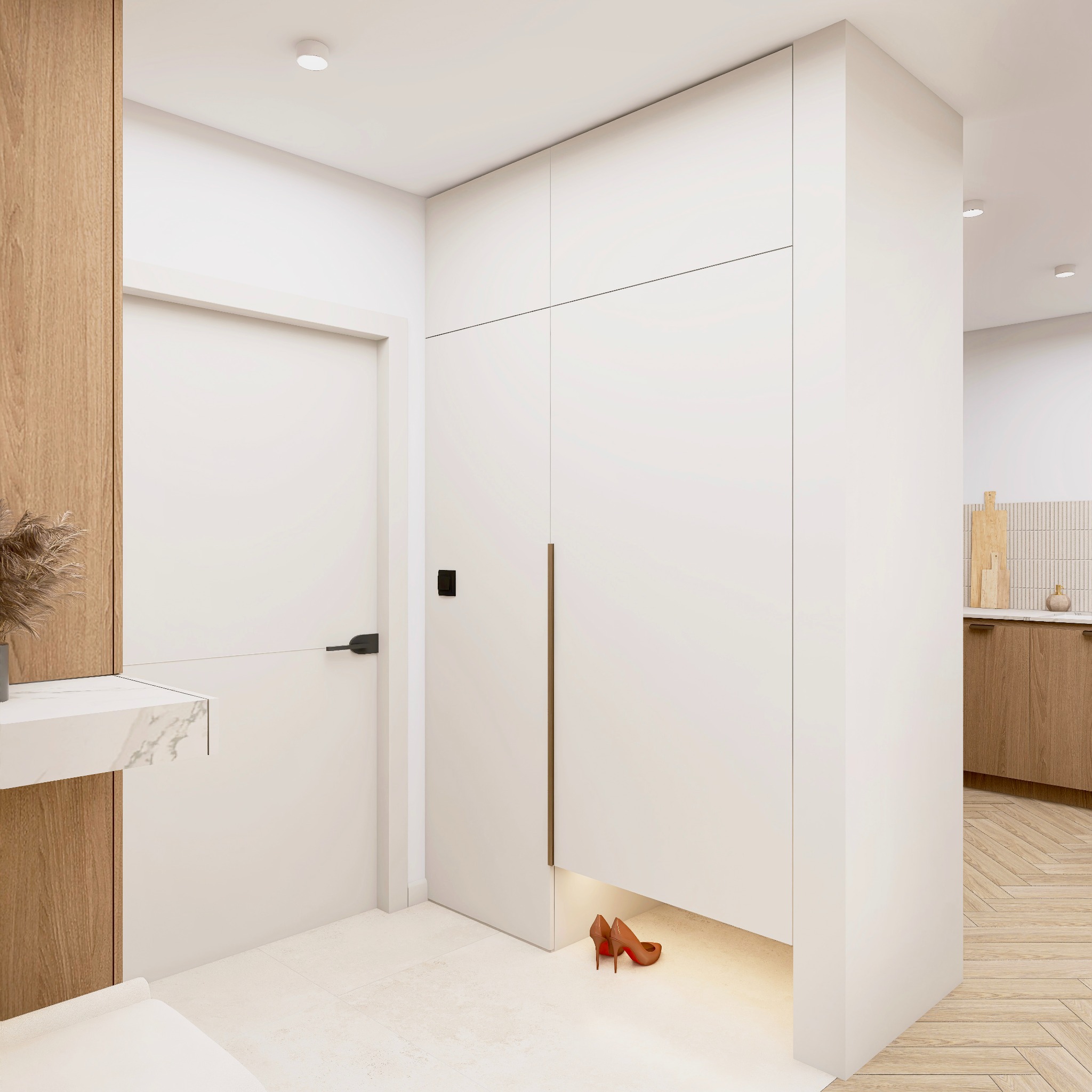 Minimalistyczny przedpokój z białą szafą wnękową, drewnianymi akcentami i beżowymi szpilkami podświetlonymi od dołu. Widoczna część kuchni w tle.