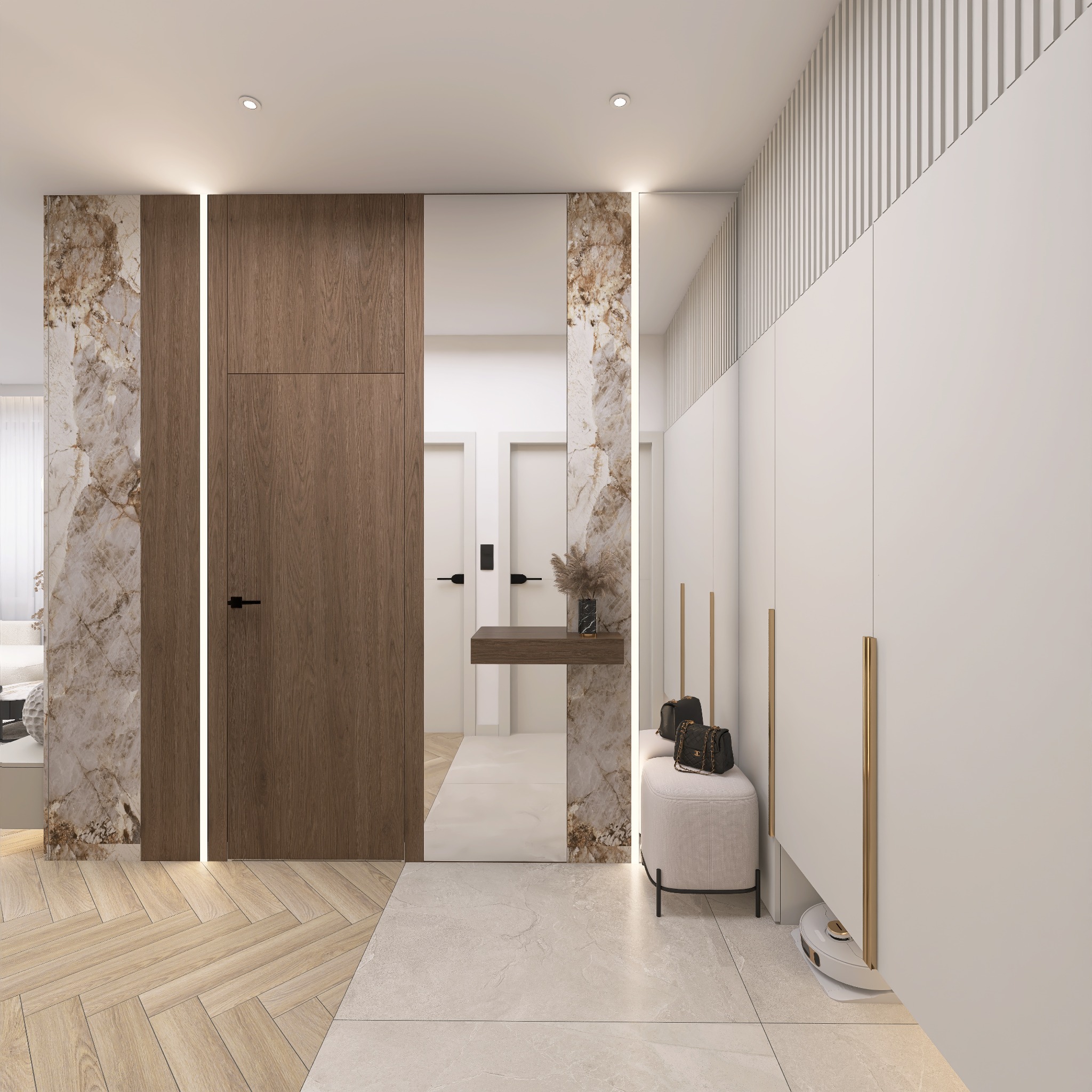 Elegancki przedpokój z drewnianą zabudową, lustrem i marmurowymi akcentami. Widoczny puf z torebkami i robot sprzątający. Nowoczesny design z dbałością o detale.