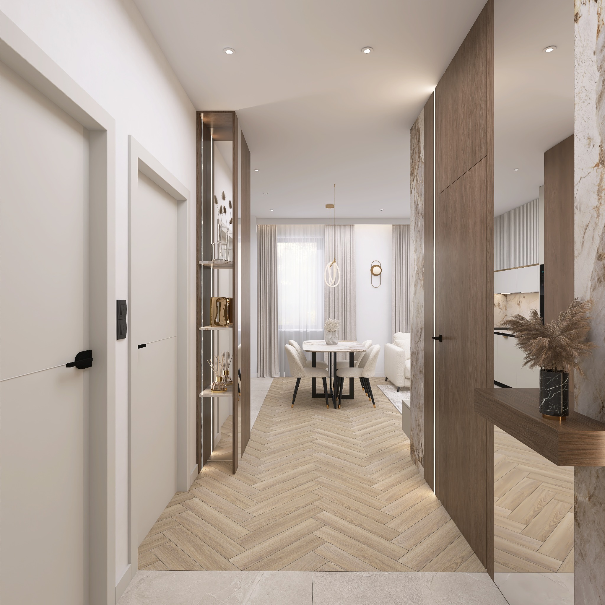 Eleganckie wnętrze mieszkania z parkietem w jodełkę, dekoracyjną ścianą z marmuru i nowoczesnym oświetleniem. Widok na salon z jadalnią i kuchnią.