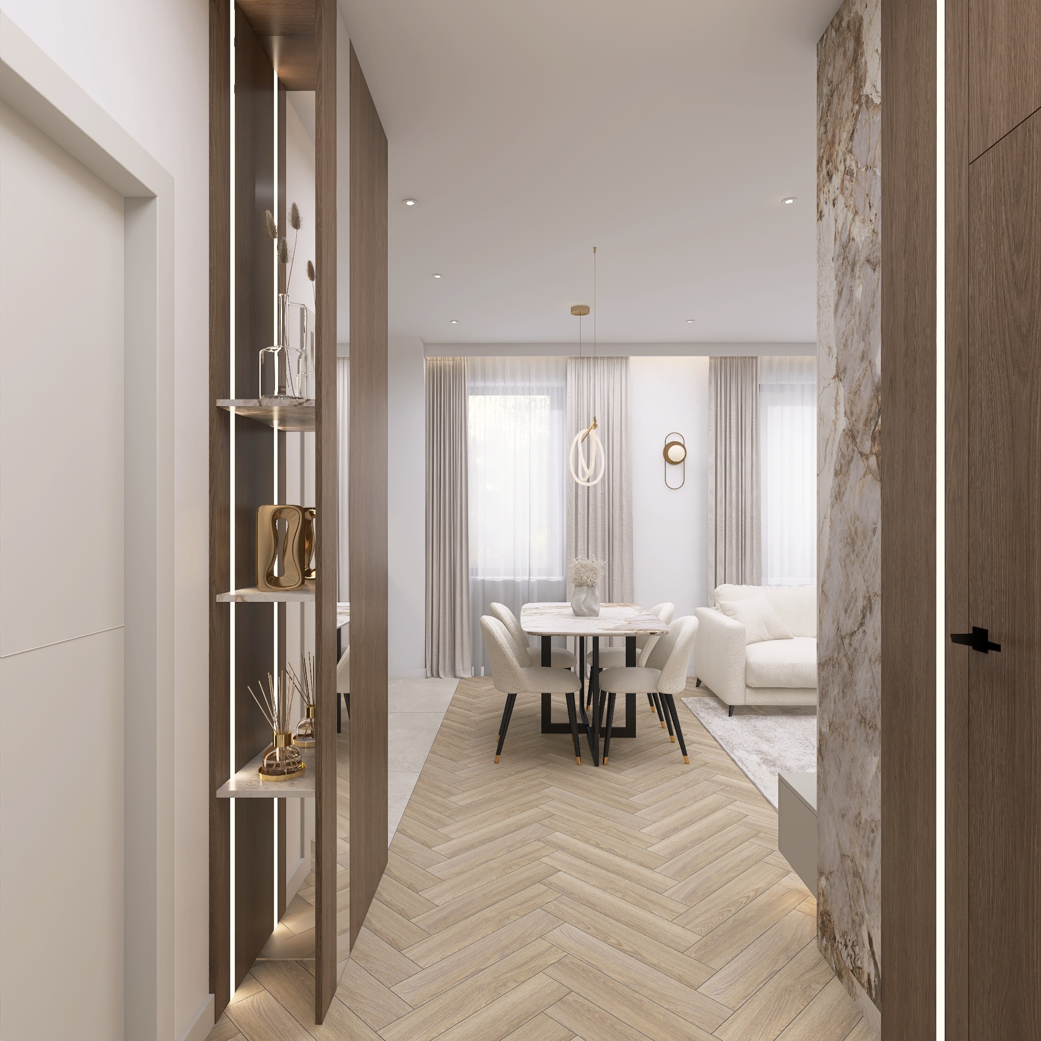 Eleganckie wnętrze: parkiet w jodełkę, stół z krzesłami, sofa i regał z podświetleniem LED. Marmurowa ściana dodaje luksusu. Nowoczesny design.