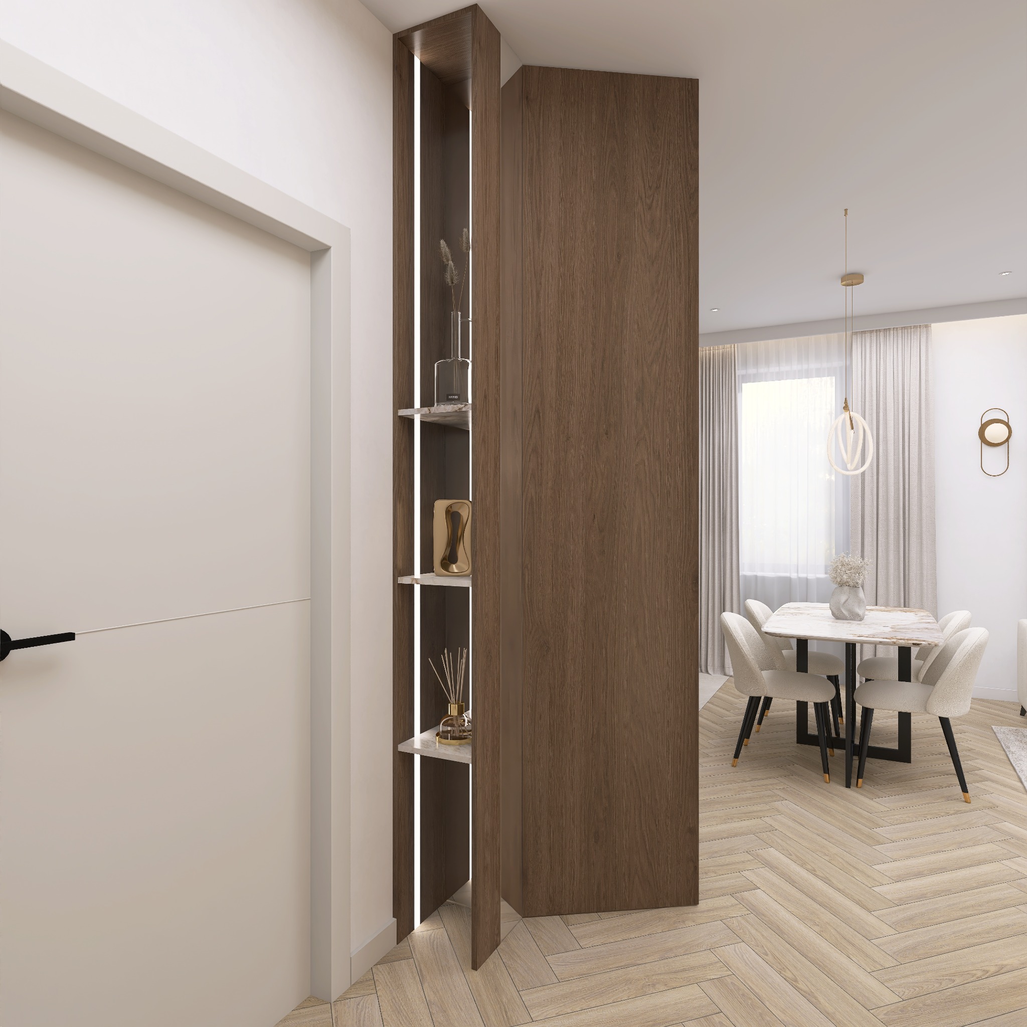 Nowoczesne wnętrze: drewniana zabudowa z półkami z podświetleniem LED, widok na jadalnię z marmurowym stołem i krzesłami w jasnych barwach, parkiet w jodełkę.