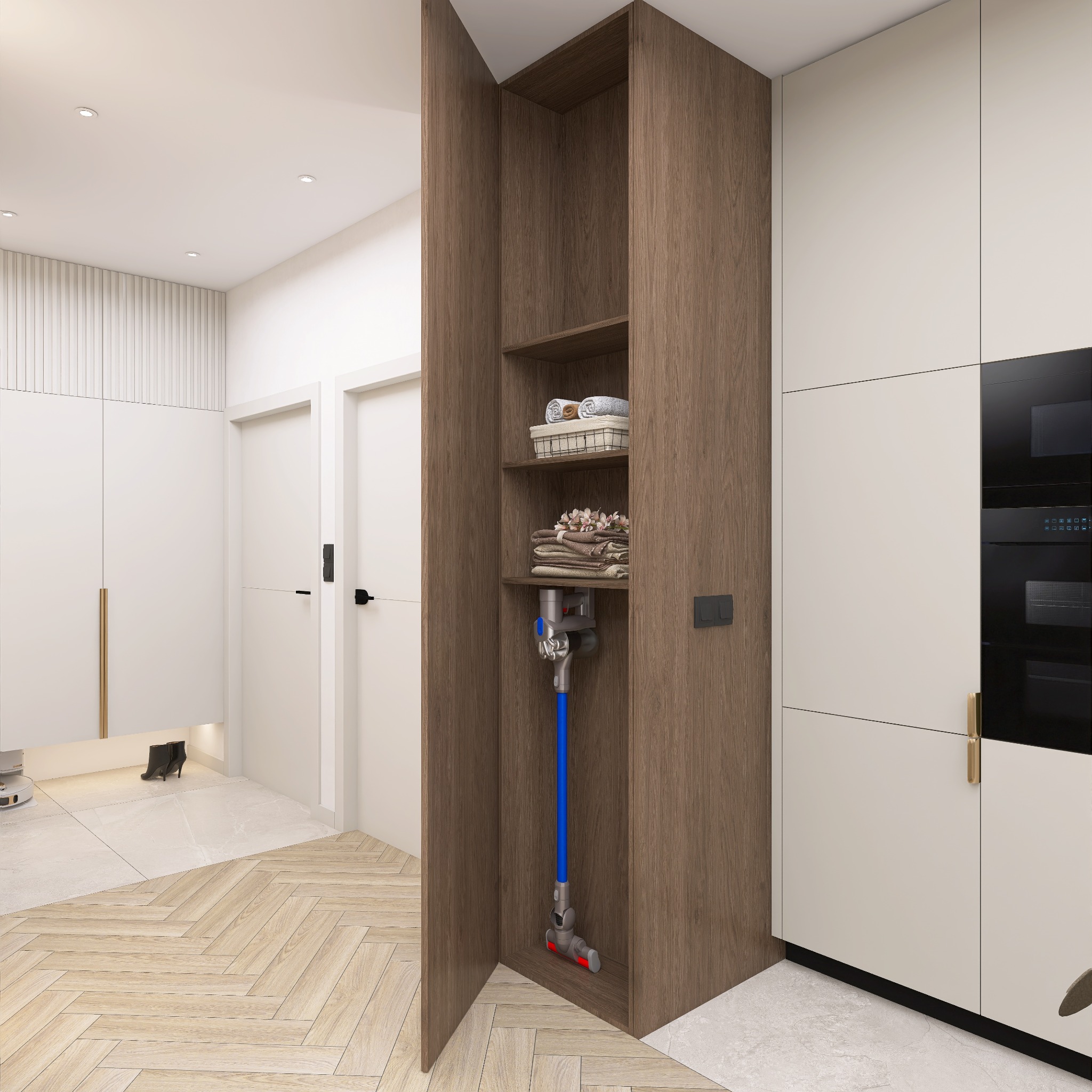 Nowoczesna szafa wnękowa z drewnianymi półkami i odkurzaczem w Wieliczce. Minimalistyczny design, jasne kolory, parkiet w jodełkę. Funkcjonalne rozwiązanie do przechowywania.