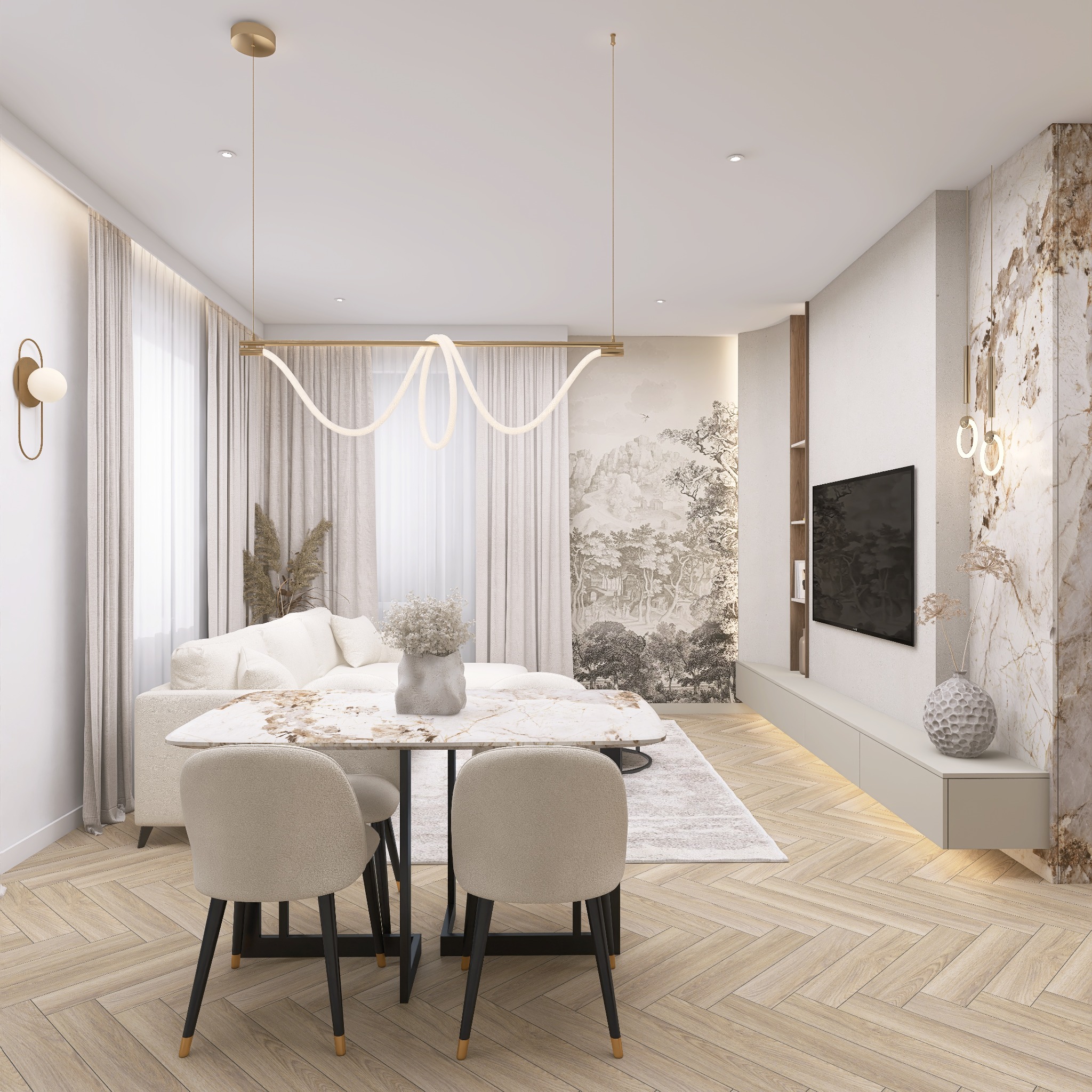 Jasne wnętrze salonu z jadalnią: marmurowy stół, krzesła z tapicerką boucle, sofa, telewizor na ścianie z marmurowym akcentem i tapeta z motywem pejzażu.