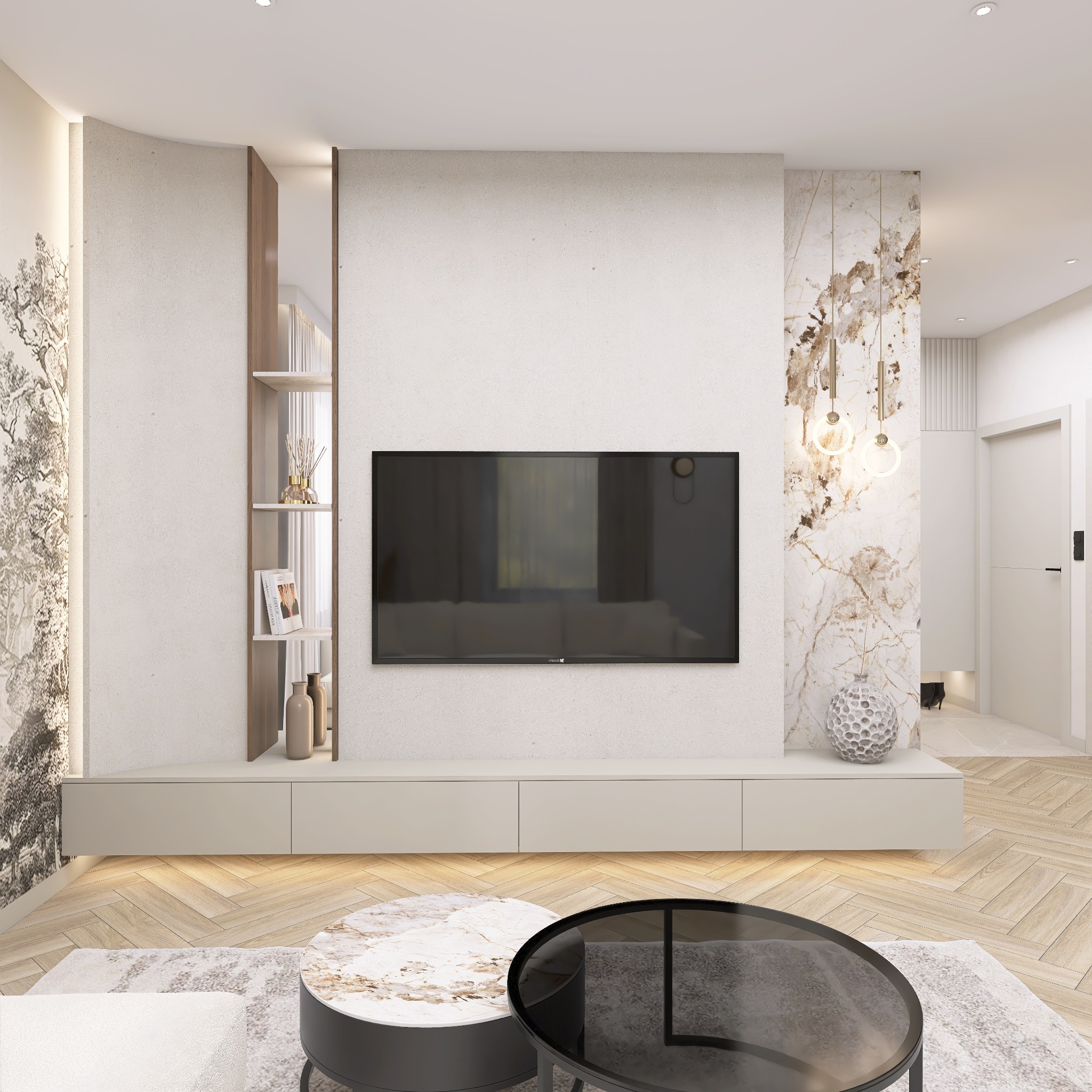 Elegancki salon z telewizorem na ścianie, marmurowym akcentem i drewnianą podłogą w jodełkę. Dwie okrągłe ławy kawowe dodają nowoczesnego charakteru.