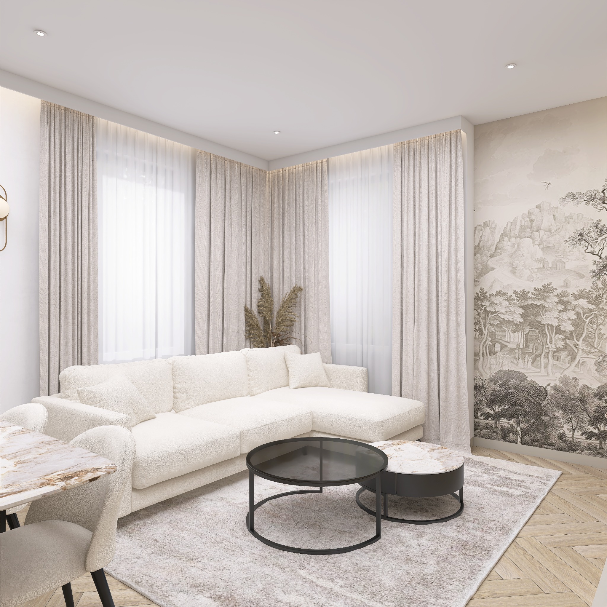 Jasny salon z narożną sofą, okrągłymi stolikami i tapetą w stylu retro. Uwagę przyciągają beżowe zasłony i parkiet ułożony w jodełkę.