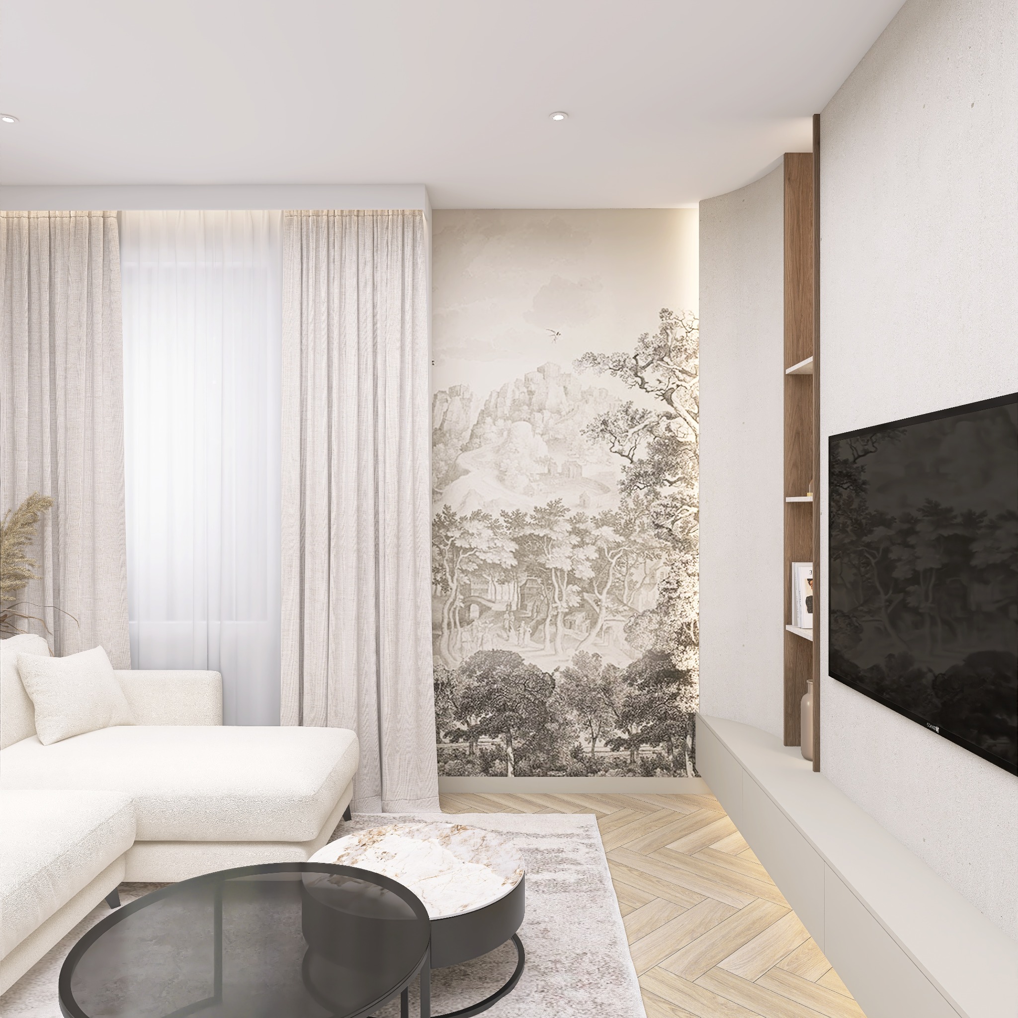 Jasny salon z tapetą w stylu retro przedstawiającą pejzaż, kremowa sofa narożna, okrągłe stoliki kawowe i telewizor na ścianie. Parkiet w jodełkę.